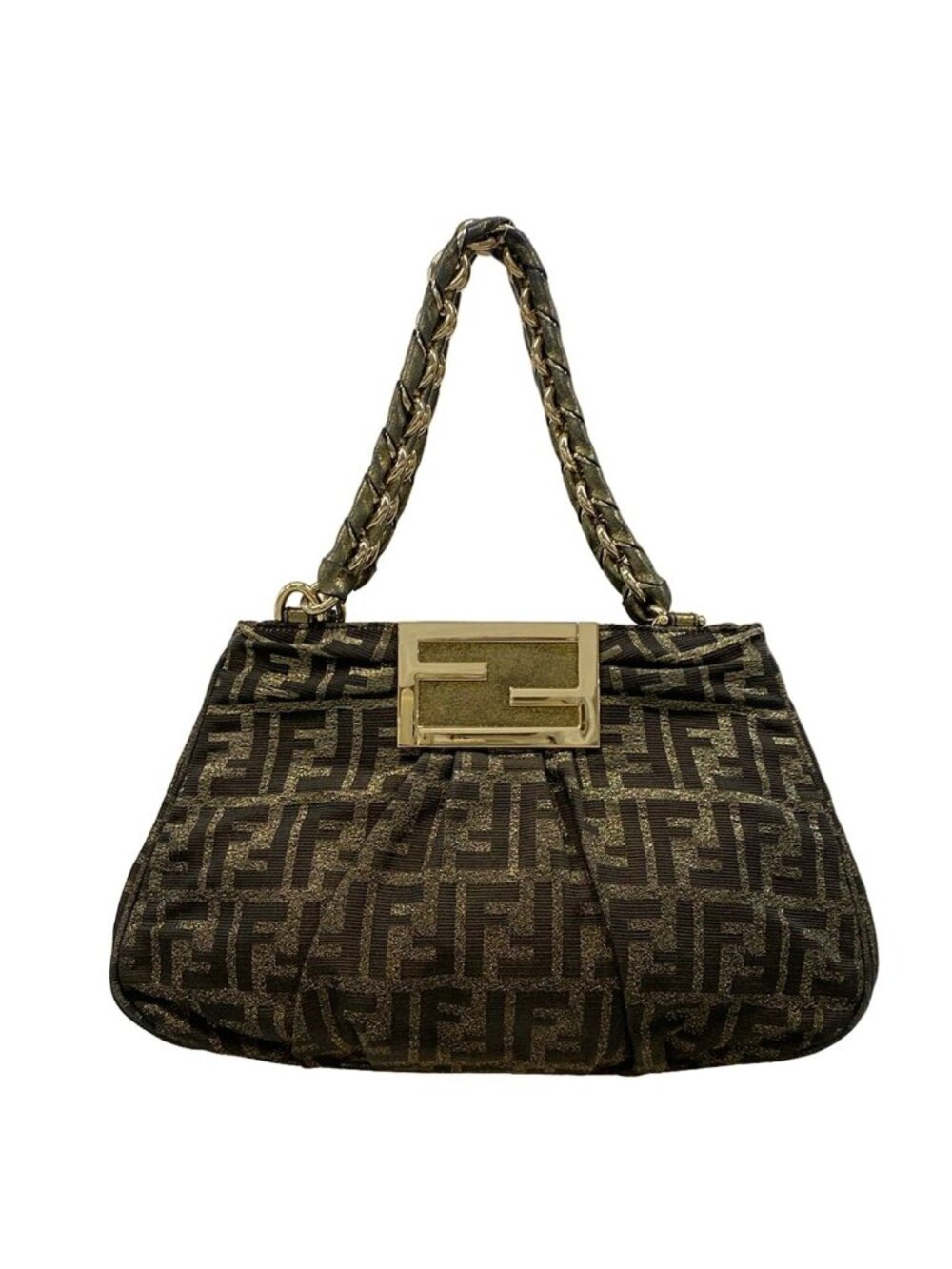 Fendi Handbag Mia Zucca Pattern Dark Brown Gold Chain Handle Leather